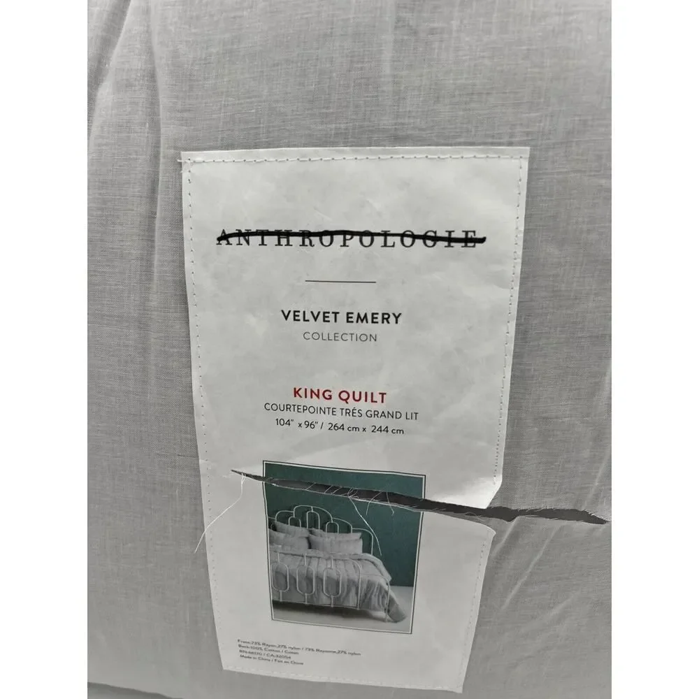 Anthropologie Velvet Emery Quilt King Size Embroidered Silver